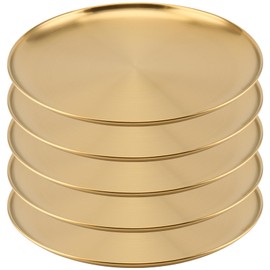 MOUYAT 5 Pcs 20cm Stainless Steel Plate, Round Serving Dishes, Unbreakable Metal Dinner Plates for Camping, Barbecue, Picnics, and Outdoor Use, Gold