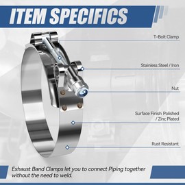 Auto Dynasty 8 Pcs T-Bolt Hose Clamps for 3" OD, Stainless Steel Turbo Intake Intercooler Clamps Set with L-Wrench, Working Range 2.6"-3" Hose ID, Polished/Zinc Plated Silver