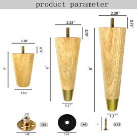 TAOEIFUOR 8 inch Wood Furniture Legs with Gold Caps Solid Rubber Wooden Modern Replacement Sofa Legs for Dresser Cabinet Vanity Ottoman Natural Straight Couch Legs 4 Pack