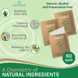 NOVEHA Tea Tree & Coconut Oil Eyelid & Lash Wipes | For Demodex, Blepharitis & Itchy Eyes, Box Of 60 Individually Wrapped Eyelash Wipes With Aloe Vera, Natural Makeup Remover & Daily Eye Cleanser