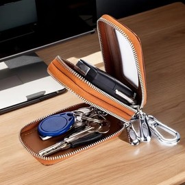 THREE RABBITS Genuine Leather Smart Key Case, Unisex, With Window, Zipper, Two-Tone Leather, Bi-Color, Stylish, Key Case, Cute, Keyless, Carabiner, Keyring, Gentleman, Compact, Braun