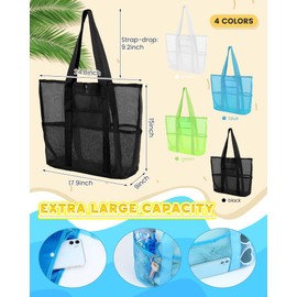 Sweetude 4 Pcs Mesh Beach Bag with Pockets Lightweight Travel Pool Bag Swim Beach Tote for Women Towel Vacation Essentials (Black, Yellow, White, Sky Blue)