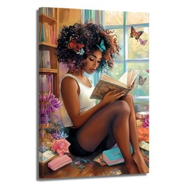 XLMDYYSW African American Wall Art Colourful Black Girl Reading Book Pictures Black Woman Canvas Prints Watercolor Butterfly Painting for Bedroom Decor Framed (Black, 18L x 12W)