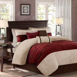Madison Park - Palmer 7 Piece Comforter Set - Red - Queen - Pieced Microsuede - Includes 1 Comforter, 3 Decorative Pillows, 1 Bed Skirt, 2 Shams