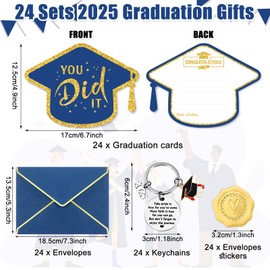 Motiskyy 24 Sets 2025 Graduation Gifts Bulk Include 24 Happy Graduation Cards 24 Class of 2025 Keychains 24 A7 Envelopes 24 Gold Stickers College School Gifts for Him Her(Blue)