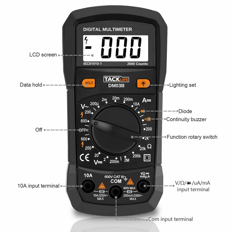 TACKLIFE Multimeter, DM03B Electrical Tester 2000 Counts Manual-Ranging Amp Volt