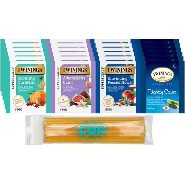 Twinings Relax and Unwind Herbal Tea Bag Sampler (Pack of 24) with By The Cup Honey Sticks