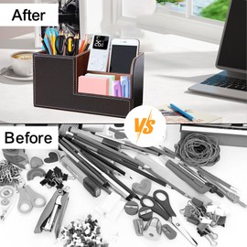 VKFOFEG Schreibtisch Organizer, PU Leder Stiftehalter Schreibtisch, Büroorganizer mit 3 Speicherabteil, Multifunktionaler Stifte Organizer, Büro Organizer Bürobedarf für Büro Zuhause Schule (Braun)
