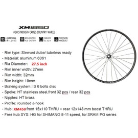 27.5" Mountain Bike Wheel Set, MTB Wheelset 27.5 inch,XM450 Straight Pull Thru Axle (TA) Disc Brake HG Hub Replacement for Shimano 8-11 Speed and Sram PG Series,15x110mm Thru+12x148mm Boost,XM1850