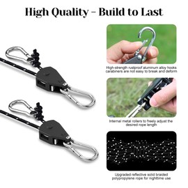 CONBOLA Suction Cups Hooks with 1/8" Adjustable Grow Light Hangers 13 ft with Reinforced Metal,Heavy Duty Ratcheting Pulley System for Camping Gardening and Various Tie-Down Uses.(4-Pack Set)