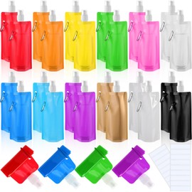 Teenyyou 24 Pack Collapsible Water Bottles Bulk 16oz Foldable Water Bottles with Carabiner Reusable Drinking Leak Proof Container Bags for Sports Biking Hiking Camping Travel Outdoor (Colorful)