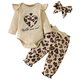 Baby Girls Clothes Fall Winter Long Sleeve Onesie Clothing Pant Set Gifts Outfits 0-3 Months Ecru Leopard