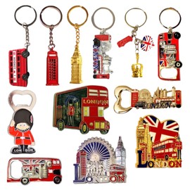 12 London UK England Famous Icons Mix Bottle Opener Fridge Magnets Keyrings, British England Key Chain Union Jack Souvenirs Magnet London Souvenir Gift