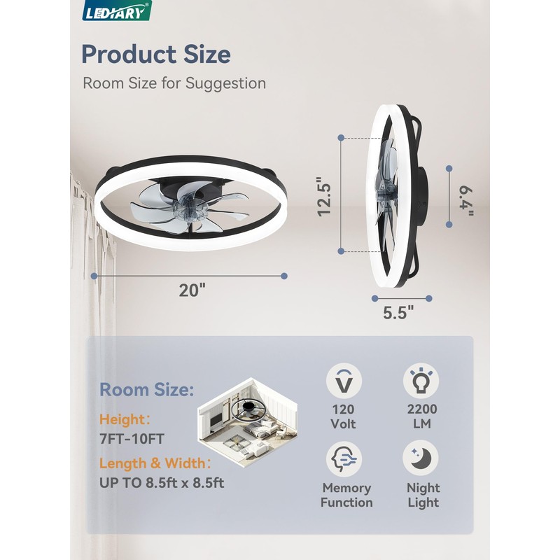 20" Low Profile Ceiling Fans with Lights, APP & Remote,