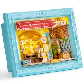 Rolife DIY Miniature House Kit, Mini Wooden Dollhouse Kit for Adults to Build, 3D Shadow Box Frame Home Wall Hanging Decor Diorama Kit, for Girls Women Teens-Fluffy Cat Bakery