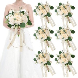 HOMENERGY Set of 6 Bridesmaid Bouquets for Wedding, 9 Inch Boho Bridesmaid Flowers for Ceremony Anniversary Centerpieces Decorations, Artificial Rose Bouquets Romantic - Beige