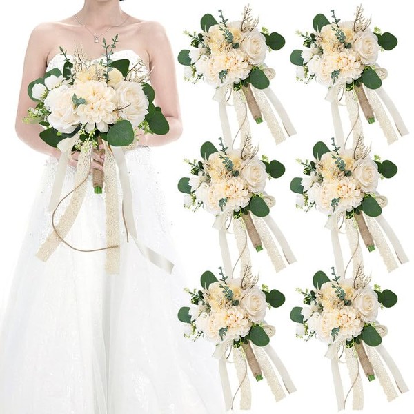 HOMENERGY Set of 6 Bridesmaid Bouquets for Wedding, 9 Inch