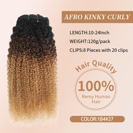 Afro Kinky Curly Clip Ins Human Hair 4C Hair Clip in Extensions Real Natural Human Hair for Black Women 8 pecs with 20 Clips 120g Dark Brown mix Honey Blone Color 18 Inch (1B4#27)