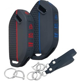 RUNZUIE 2Pcs Silicone Smart Key Fob for 2023 2024 Kia Telluride Key Fob Cover 5 Buttons (Black with Red/Blue)