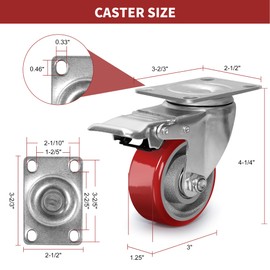 3 Inch Heavy Duty Casters, Swivel Caster Wheels with Brake, Polyurethane on Steel Wheel- Casters Set of 4 with 1400 lb Capacity, Caster Wheels for Furniture Workbench Cart (4 Brake)