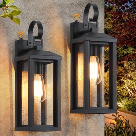 SNRU Dusk to Dawn Large Exterior Wall Lights 2-Pack, 17" Waterproof Outdoor Wall Porch Lights Sconces with Tempered Glass, Black Exterior Lighting Fixtures for Garage House, Bulb Not Included