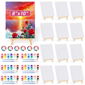 8x10 Inch Canvas and Easel Set, 12 Pcs Art Canvas Boards Bulk with Easel Stand, Mini Acrylic Paint & Brushes Set, Sip and Paint Kit for Adults Kids Couples Date Night Painting Party Activities