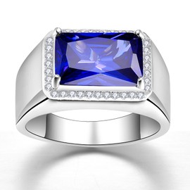 Yaresul Sapphire Rings for Men 7ct 8X12mm Rectangle Cut Created Blue Sapphire Rings Mens Siver Rings White Gold Plated Rings for Men with White Cubic Zirconia Wedding Engagement Band Size 10