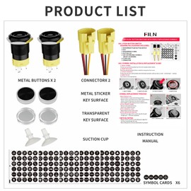 FILN - 2Pcs Momentary Pushbutton Switch Black Plated Power Button Includes 185 Replacement Symbols 12V Switch 19mm Mounting Hole 20A IP67 Waterproof Switch for Cars, Boat, Easy Installation (Red)