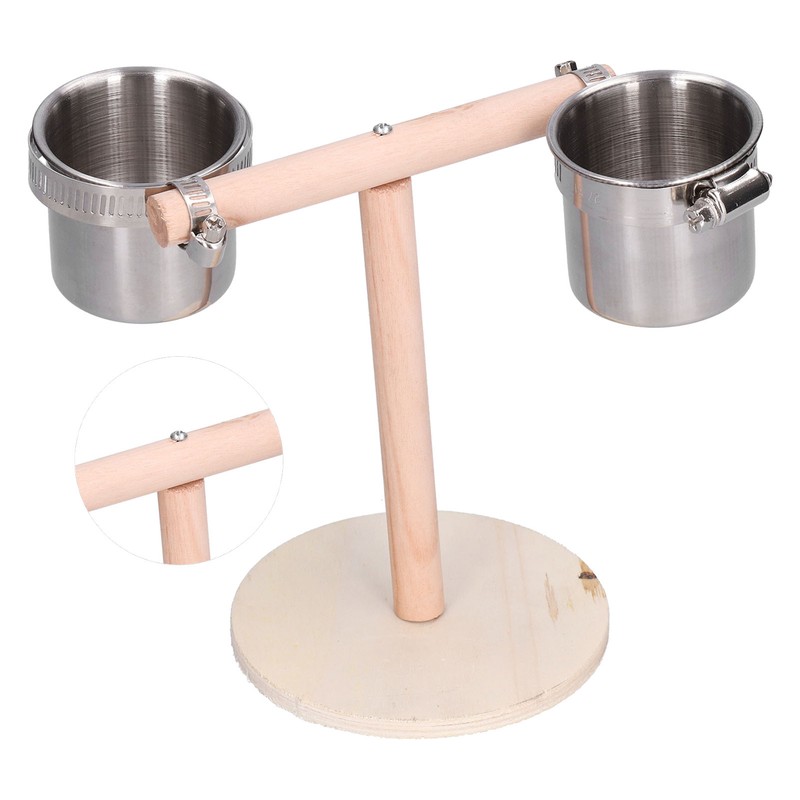 Bird Perch Stand Wooden Parrots Stand with Stainless Steel Feeding