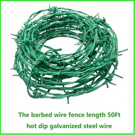 50Ft Barbed Wire,Plastic Coated Barbed Wire 4 Point Barbed Wire Fence 18 Gauge Barb Wire Roll for Baseball Bat, Fences,Bird Feeder, Garden and Crafts (Green)