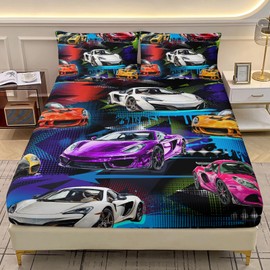 AILONEN Racing Car Fitted Sheet for Kids Boys Teen Full Size, Extreme Sports Bedding Sets,Cool Speed Race Bed Sheet Set,Colorful Car Theme Bedsheets Set,1 Deep Pocket 2 Pillowcases,3 Pcs