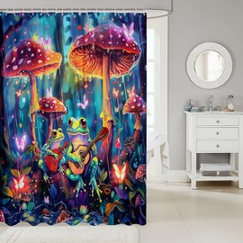 Feelyou Frog Shower Curtain for Boys Girls Guitar Bathroom Shower Curtain Set 72"x78" Cute Mushroom Decor Bath Curtain Galaxy Kids Bathroom Accessories Animal Waterproof