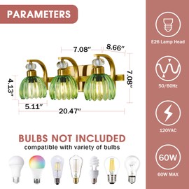Qgiytp Vintage Bathroom Vanity Light Fixture 3 Lights Gold Bathroom Lighting with Green Glass Shade Mid Century Vanity Light Over Mirror for Kitchen Bedroom Living Room Farmhouse