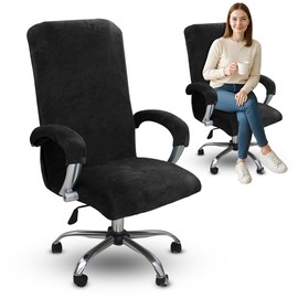 Velvet Office Chair Cover with Armrest, High Stretch Chair Covers, Removable Armchair Cover, Washable Dining Room Chairs Covers for Home, Dining Room, Kitchen, Restaurant and Hotel (L, Black)