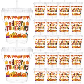Shinymoon 20 Sets Thanksgiving Drink Buckets Bulk Plastic Beverage Buckets Travel Cups 34 Ounces Reusable Plastic Cups with Lids and Straws for Wine Hot and Cold Drinks Thanksgiving Party Supplies