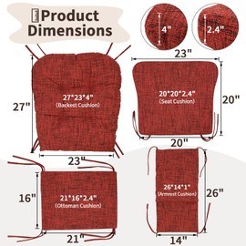 SINOSSO Glider Rocker Cushion Set (5 Pcs), Soft Blended Fabric High-Density Support Foam Seat Cushions with Ties, Fits Rocking Chair/Nursery Glider & Ottoman, Red