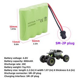 Fytoo 2PCS AA 4.8V 800mAh Rechargeable RC Toy Car Battery SM2P Plug RC Truck Stunt Car Excavator Toy Car Battery and Accessories 2PCS USB Charging Cable