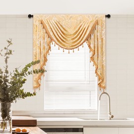 ELKCA Damask Golden Jacquard Single Swag Waterfall Valance for Kitchen Living Room Rod Pocket Valance for Small Window,39Inch,1 Panel