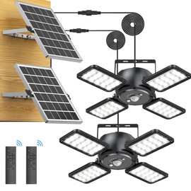 Latband Solar Shed Light Outdoor Indoor Solar Powered Motion Sensor Pendant Light,144LED 1200LM Daytime Work with 5 Modes & Remote Control 4 Heads IP65 Waterproof for Garage Barn Shop 2 Pack