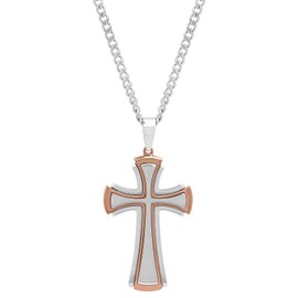 Men’s Stainless Steel Brown Two-Tone Stacked Cross Pendant with Curb Chain Necklace, 24”