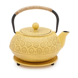 Juvale Japanese Cast Iron Teapot - Stainless-Steel Infuser & Loose Leaf Tea Pot - Superior Heat Retention Cast Iron Kettle - Elegant Floral Trivet For Home Tea Set - 800 ml, Yellow