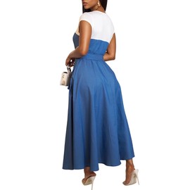 Quzzion Women's Patchwork Denim Dress A Line Maxi Swing Dresses Cap Sleeve Belted Cargo Jean Dresses with Pockets Blue