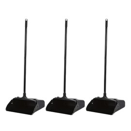 3-Pack Commercial Upright Dust Pan with Long Handle and Wheels – Heavy Duty Large Dust Pans for Indoor/Outdoor Use, Janitorial or House Cleaning Tools, Black Standing Dustpan
