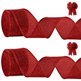 Red Ribbon Burlap Wired Ribbon Christmas Ribbon Red Ribbon for Gift Wrapping 1 1/2 Inch Total 10 Yards, Jute Burlap Red Ribbon For Christmas Tree Ribbons For Crafts Wreaths Thanksgiving Ribbon 2 Rolls