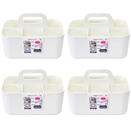 Enjoy Organizer - Small Stackable Plastic Caddy with Handle 6 Compartment | Desk, Makeup, Dorm Caddy, Classroom Art Organizers - 4 Pack, Made In USA (Ivory)