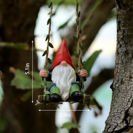 WSHMZYHOME Garden Gnome on Swing Decoration, Red Hat, White Beard, Blue Outfit, Outdoor Ornament