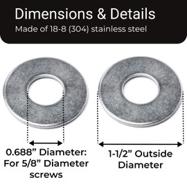 Bolt Dropper 5/8" Stainless Flat Washer (100 Pack), 1-1/2" OD 18-8 (304) Stainless Steel, Suitable for Factories Repair, Kitchens, Shops, and Outdoor Construction by Bolt Dropper