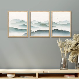 SIGNWIN Framed Watercolor Mountain Wall Art, Set of 3 Green Pastel Range Wall Decor Prints, Nature Wilderness Wall Décor for Living Room, Bedroom - 8"x10" Natural