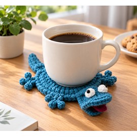 Blue Lizard Crochet Cup Coaster for Coffee & Tea – Handwoven Textile Table Mat for Home and Desk Decor