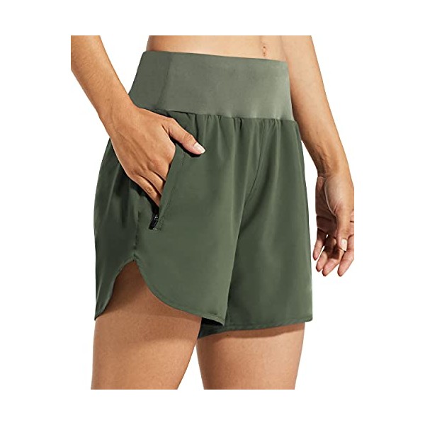 Libin Womens 5 Inches Athletic Running Shorts with Liner Quick Dry Workout Gym Shorts for Lounge Sports with Zipper Pockets,Army Green M